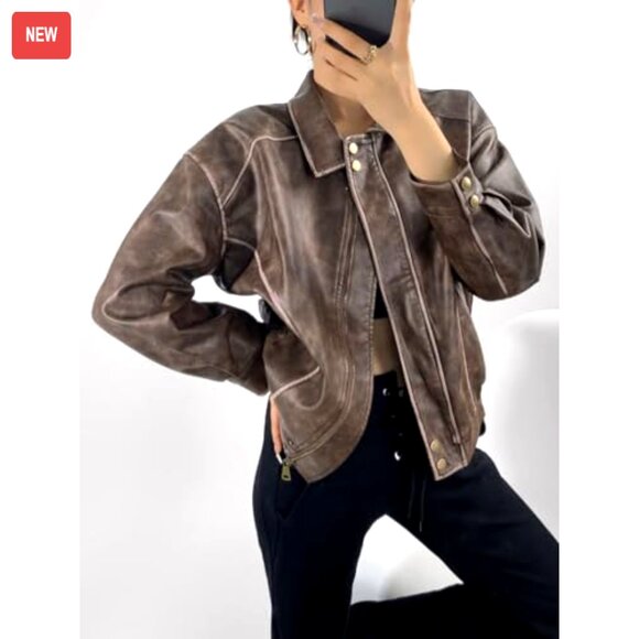 Distressed Faux Leather Bomber Jacket Oversized Motorcycle Style - Picture 3 of 6